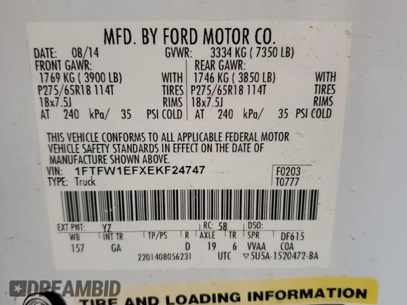 2014 Ford F-150 XL with VIN 1FTFW1EFXEKF24747, listed as a Copart auction lot 60569745 with 291,241 mi miles and Clean title. Bid and sale history available at DreamBid. Image 12.
