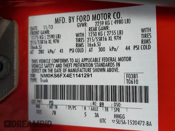 2014 Ford Transit Connect with VIN NM0KS6FX4E1141291, listed as a Copart auction lot 57621775 with 36,129 mi miles and Clean title. Bid and sale history available at DreamBid. Image 13.