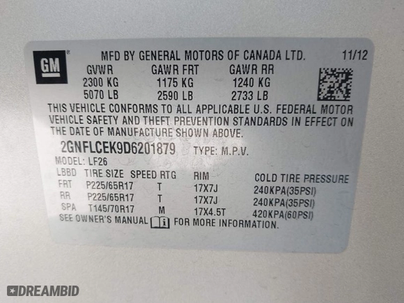2013 Chevrolet Equinox LS with VIN 2GNFLCEK9D6201879, listed as a IAAI auction lot 41991600 with 131,096 mi miles. Bid and sale history available at carsss.com. Image 9.