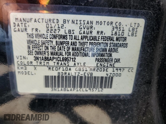 2012 Nissan Sentra SR with VIN 3N1AB6AP1CL695712, listed as a Copart auction lot 60159065 with 146,110 mi miles and Salvage title. Bid and sale history available at DreamBid. Image 12.
