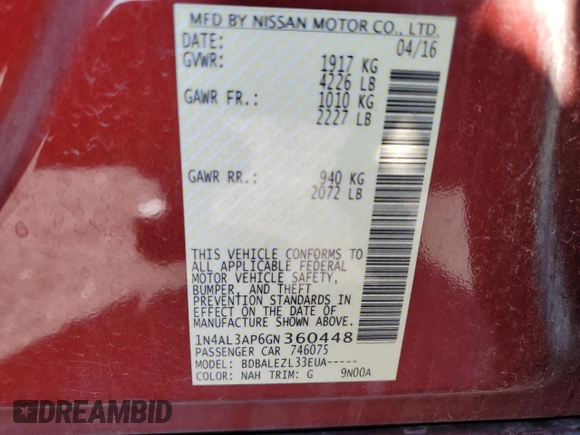 2016 Nissan Altima S with VIN 1N4AL3AP6GN360448, listed as a Copart auction lot 88169105 with 65,379 mi miles and Clean title. Bid and sale history available at DreamBid. Image 12.