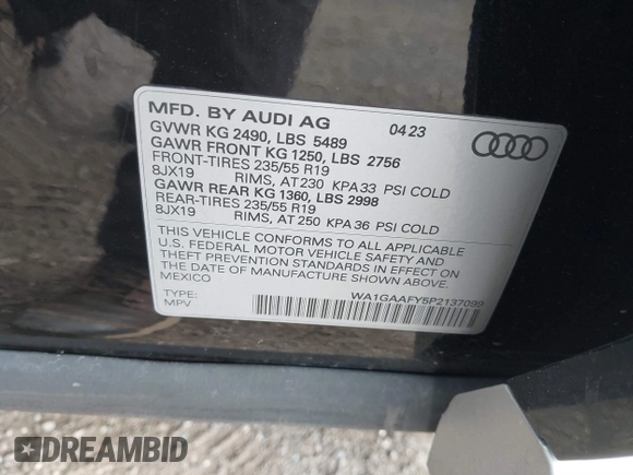 2023 Audi Q5 S line Premium with VIN WA1GAAFY5P2137099, listed as a IAAI auction lot 41731383 with 17,140 mi miles. Bid and sale history available at carsss.com. Image 9.