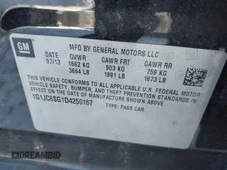 2013 Chevrolet Sonic LT with VIN 1G1JC6SG1D4250167, listed as a IAAI auction lot 41498238 with 66,750 mi miles. Bid and sale history available at carsss.com. Image 9.