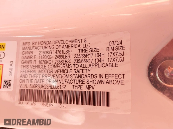 2024 Honda CR-V LX with VIN 5J6RS3H23RL006132, listed as a IAAI auction lot 41715464 with 8,607 mi miles and . Bid and sale history available at DreamBid. Image 9.