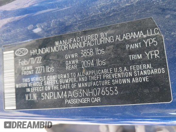 2022 Hyundai Elantra SEL with VIN 5NPLM4AG3NH076553, listed as a IAAI auction lot 41681638 with 35,344 mi miles and . Bid and sale history available at DreamBid. Image 9.