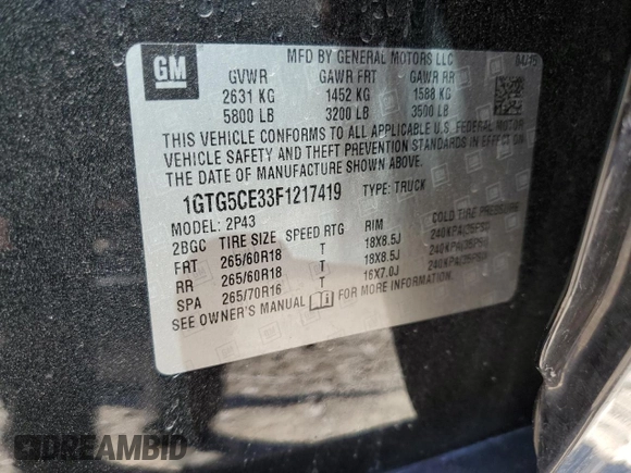 2015 GMC Canyon 2WD SLT with VIN 1GTG5CE33F1217419, listed as a Copart auction lot 73467364 with 114,542 mi miles and Salvage Title. Bid and sale history available at carsss.com. Image 12.
