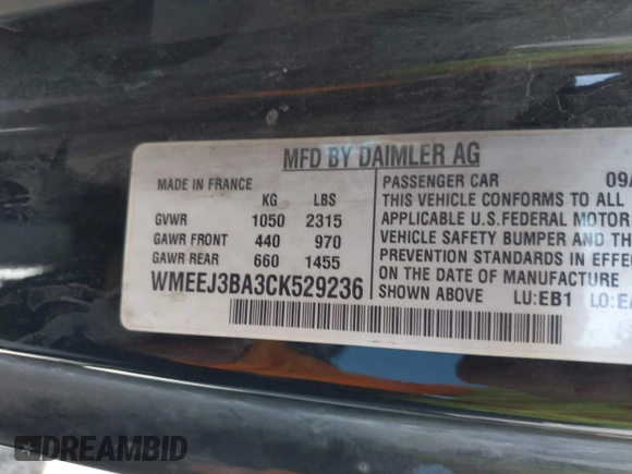 2012 Smart fortwo Pure with VIN WMEEJ3BA3CK529236, listed as a IAAI auction lot 42715092 with 110,498 mi miles and . Bid and sale history available at DreamBid. Image 9.