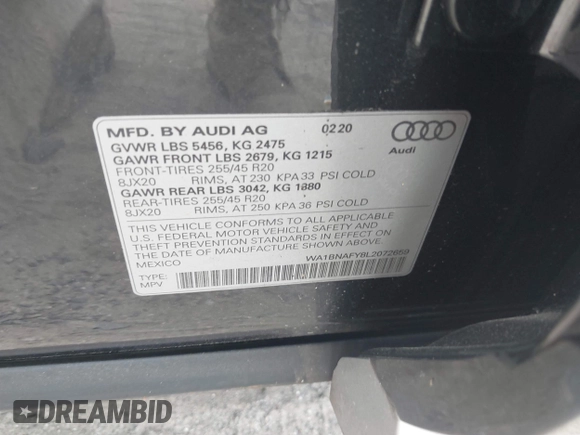 2020 Audi Q5 Premium Plus with VIN WA1BNAFY8L2072659, listed as a IAAI auction lot 42231063 with 32,800 mi miles and . Bid and sale history available at DreamBid. Image 9.