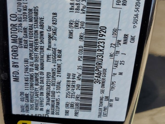 2020 Ford Fusion Titanium z VIN 3FA6P0RU3LR231920, wystawiony jako Copart lot #61643035 z przebiegiem 55 855 mil mil oraz Szkoda całkowita • Salvage title. Historia ofert i sprzedaży dostępna na DreamBid. Obrazek 12.