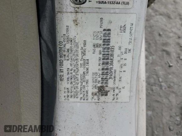 2010 Ford Fusion Hybrid with VIN 3FADP0L30AR381035, listed as a Copart auction lot 59711955 with Not provided miles and Salvage title. Bid and sale history available at DreamBid. Image 12.