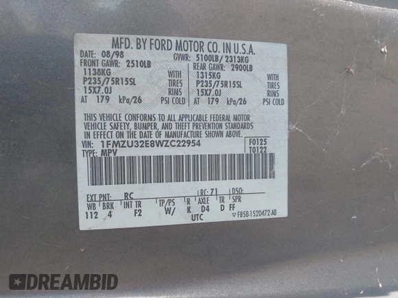 1998 Ford Explorer XL с VIN 1FMZU32E8WZC22954, выставлен на аукционе IAAI как лот 42805072 с пробегом 244 775 миль миль и . История ставок и продаж доступна на DreamBid. Изображение 9.