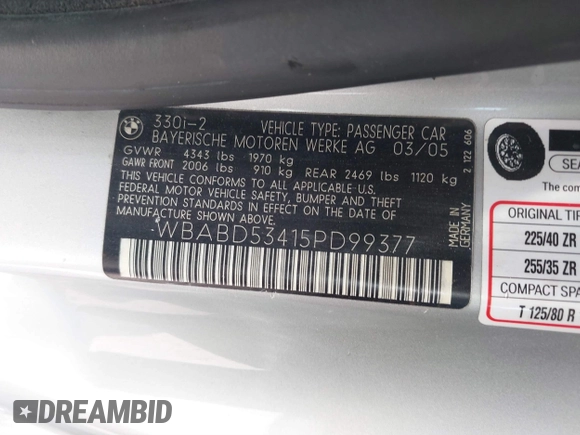2005 BMW 3 Series 330Ci with VIN WBABD53415PD99377, listed as a IAAI auction lot 41884949 with 92,068 mi miles and . Bid and sale history available at DreamBid. Image 9.
