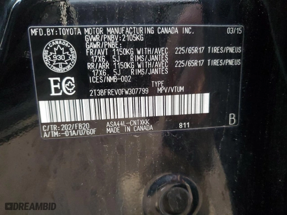 2015 Toyota RAV4 LE with VIN 2T3BFREV0FW307799, listed as a Copart auction lot 47016255 with 0 mi miles and Salvage Title. Bid and sale history available at carsss.com. Image 14.