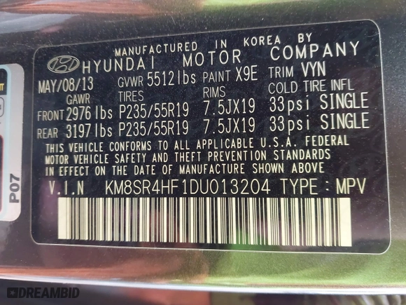 2013 Hyundai Santa Fe Limited with VIN KM8SR4HF1DU013204, listed as a IAAI auction lot 41749325 with 1 mi miles. Bid and sale history available at carsss.com. Image 9.