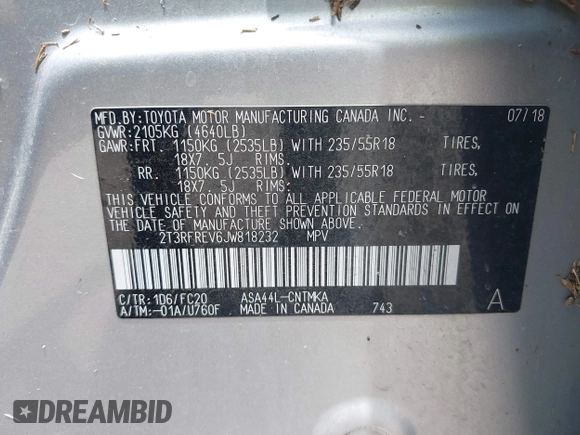 2018 Toyota RAV4 XLE z VIN 2T3RFREV6JW818232, wystawiony jako IAAI lot #42438512 z przebiegiem 97 882 mil mil oraz . Historia ofert i sprzedaży dostępna na DreamBid. Obrazek 9.