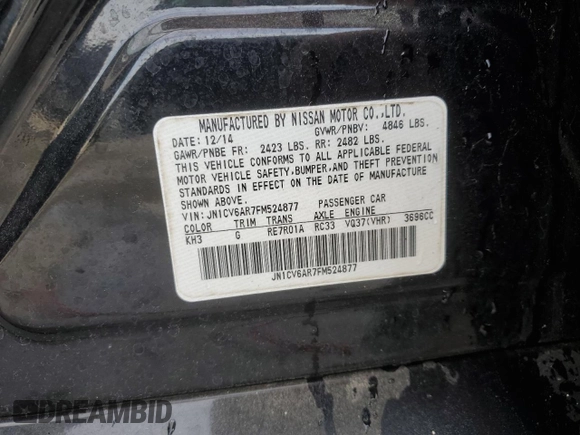 2015 Infiniti Q40 with VIN JN1CV6AR7FM524877, listed as a Copart auction lot 49134435 with 65,059 mi miles and Salvage Title. Bid and sale history available at DreamBid. Image 14.