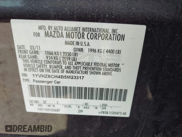 2011 Mazda Mazda6 i Touring with VIN 1YVHZ8CH4B5M23317, listed as a IAAI auction lot 41987116 with 132,470 mi miles. Bid and sale history available at carsss.com. Image 9.