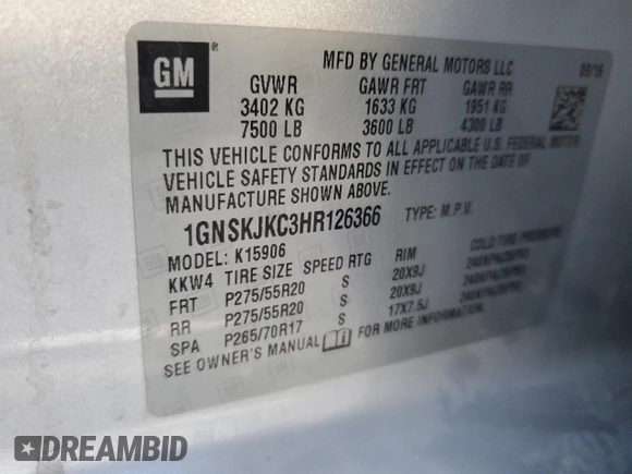 2017 Chevrolet Suburban Premier z VIN 1GNSKJKC3HR126366, wystawiony jako Copart lot #42008635 z przebiegiem Nie podano mil oraz Szkoda całkowita • Salvage title. Historia ofert i sprzedaży dostępna na DreamBid. Obrazek 13.