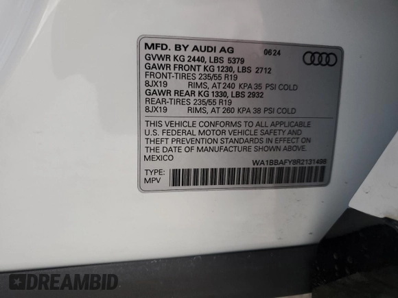 2024 Audi Q5 Premium Plus z VIN WA1BBAFY8R2131498, wystawiony jako Copart lot #44317935 z przebiegiem Nie podano mil oraz Szkoda całkowita • Salvage title. Historia ofert i sprzedaży dostępna na DreamBid. Obrazek 14.