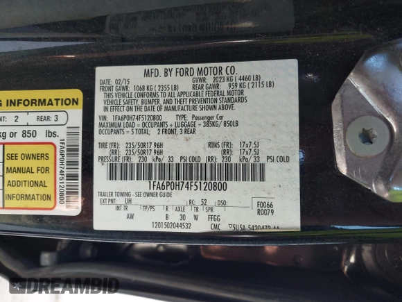 2015 Ford Fusion SE with VIN 1FA6P0H74F5120800, listed as a IAAI auction lot 42065512 with 175,875 mi miles. Bid and sale history available at carsss.com. Image 9.