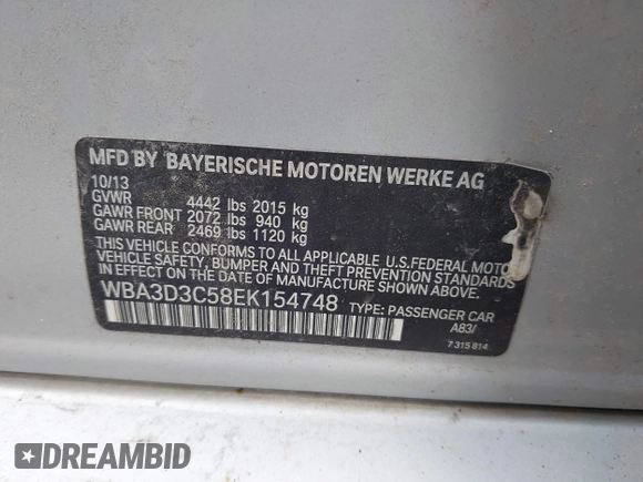 2014 BMW 3 Series 328d with VIN WBA3D3C58EK154748, listed as a IAAI auction lot 42598778 with 196,158 mi miles and . Bid and sale history available at DreamBid. Image 9.