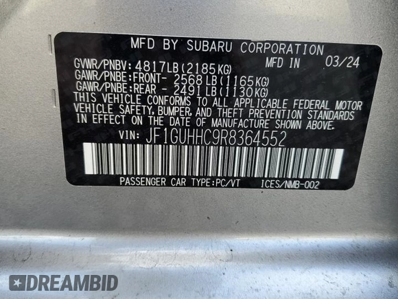 2024 Subaru Impreza RS with VIN JF1GUHHC9R8364552, listed as a Copart auction lot 76031284 with 652 mi miles and Salvage Title. Bid and sale history available at carsss.com. Image 12.