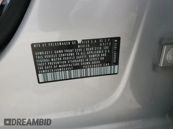 2013 Volkswagen Jetta SE с VIN 3VWDX7AJ4DM359557, выставлен на аукционе Copart как лот 52078505 с пробегом 146 339 миль миль и Списание • Salvage title. История ставок и продаж доступна на DreamBid. Изображение 12.