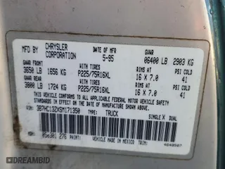 1995 Dodge Ram 1500 with VIN 3B7HC13ZXSM171350, listed as a Copart auction lot 47230035 with 287,473 mi miles and Salvage Title. Bid and sale history available at carsss.com. Image 12.
