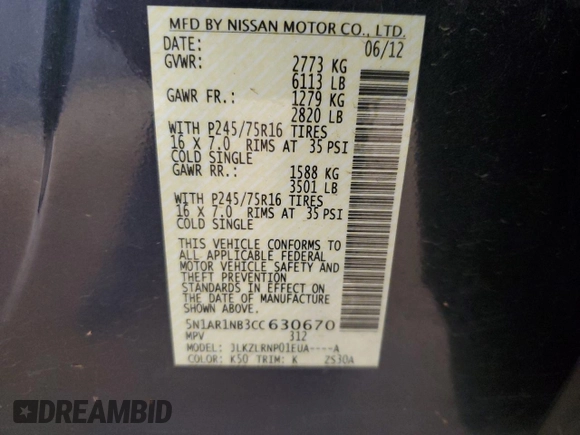 2012 Nissan Pathfinder LE z VIN 5N1AR1NB3CC630670, wystawiony jako Copart lot #57514765 z przebiegiem 92 019 mil mil oraz Szkoda całkowita • Salvage title. Historia ofert i sprzedaży dostępna na DreamBid. Obrazek 13.