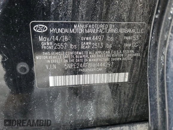 2017 Hyundai Sonata 2.4L with VIN 5NPE24AF8HH444297, listed as a Copart auction lot 46167795 with 183,880 mi miles and Salvage Title. Bid and sale history available at carsss.com. Image 13.