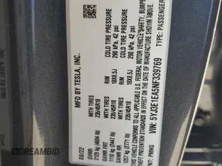 2022 Tesla Model 3 with VIN 5YJ3E1EA5NF339769, listed as a Copart auction lot 47111685 with 44,087 mi miles and Salvage Title. Bid and sale history available at DreamBid. Image 12.