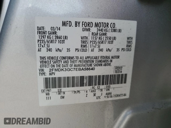 2014 Ford Edge SE with VIN 2FMDK3GC7EBA58640, listed as a Copart auction lot 58792615 with 189,389 mi miles and Clean title. Bid and sale history available at DreamBid. Image 13.