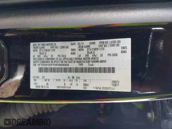 2017 Ford F-150 XL with VIN 1FTEW1EP7HFB65004, listed as a IAAI auction lot 41876164 with 105,487 mi miles. Bid and sale history available at carsss.com. Image 9.