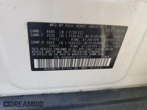 2015 Subaru Outback Premium with VIN 4S4BSADC1F3252517, listed as a Copart auction lot 59665585 with 94,533 mi miles and Salvage title. Bid and sale history available at DreamBid. Image 12.