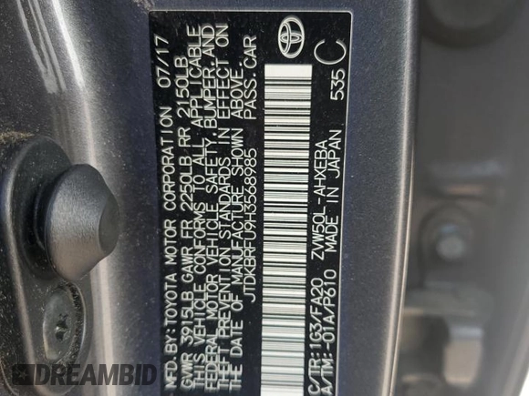 2017 Toyota Prius Two z VIN JTDKBRFU9H3568985, wystawiony jako Copart lot #56300855 z przebiegiem 104 705 mil mil oraz Szkoda całkowita • Salvage title. Historia ofert i sprzedaży dostępna na DreamBid. Obrazek 12.