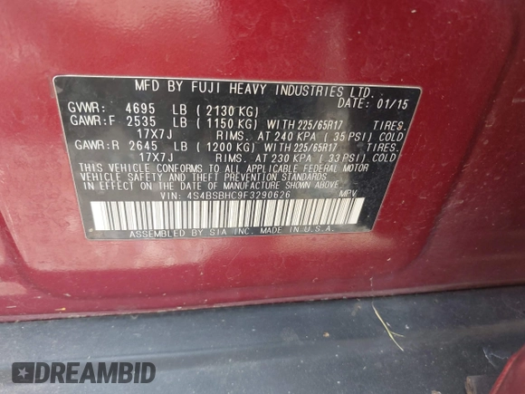 2015 Subaru Outback Premium with VIN 4S4BSBHC9F3290626, listed as a IAAI auction lot 42648977 with 253,715 mi miles and . Bid and sale history available at DreamBid. Image 9.