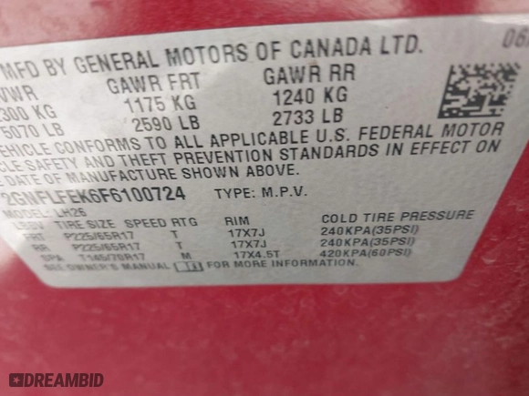 2015 Chevrolet Equinox LT with VIN 2GNFLFEK6F6100724, listed as a IAAI auction lot 41988056 with 89,872 mi miles. Bid and sale history available at carsss.com. Image 9.