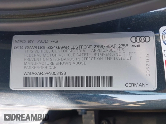 2015 Audi A6 Premium Plus with VIN WAUFGAFC9FN003498, listed as a IAAI auction lot 42652995 with 53,880 mi miles and . Bid and sale history available at DreamBid. Image 9.