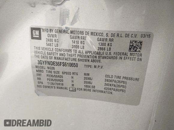 2015 Cadillac SRX Premium Collection with VIN 3GYFNDE36FS610650, listed as a IAAI auction lot 42286525 with 79,412 mi miles and . Bid and sale history available at DreamBid. Image 9.