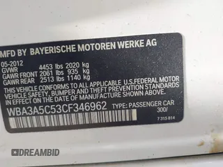 2012 BMW 3 Series 328i with VIN WBA3A5C53CF346962, listed as a IAAI auction lot 42543219 with 58,485 mi miles and . Bid and sale history available at DreamBid. Image 9.