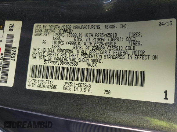 2013 Toyota Tundra z VIN 5TFRM5F18DX062669, wystawiony jako IAAI lot #41492200 z przebiegiem 100 531 mil mil oraz . Historia ofert i sprzedaży dostępna na DreamBid. Obrazek 9.