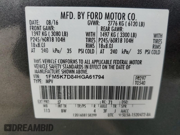 2017 Ford Explorer XLT with VIN 1FM5K7D84HGA61794, listed as a Copart auction lot 47232785 with 148,182 mi miles and Salvage Title. Bid and sale history available at DreamBid. Image 15.