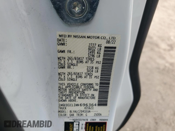 2022 Nissan Frontier SV z VIN 1N6ED1CL1NN696364, wystawiony jako Copart lot #54834815 z przebiegiem 45 901 mil mil oraz Szkoda całkowita • Salvage title. Historia ofert i sprzedaży dostępna na DreamBid. Obrazek 12.