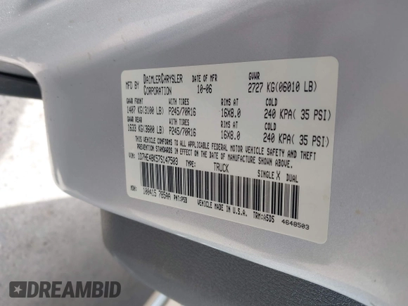 2007 Dodge Dakota SLT with VIN 1D7HE48K57S147503, listed as a IAAI auction lot 41858271 with 242,534 mi miles and . Bid and sale history available at DreamBid. Image 9.