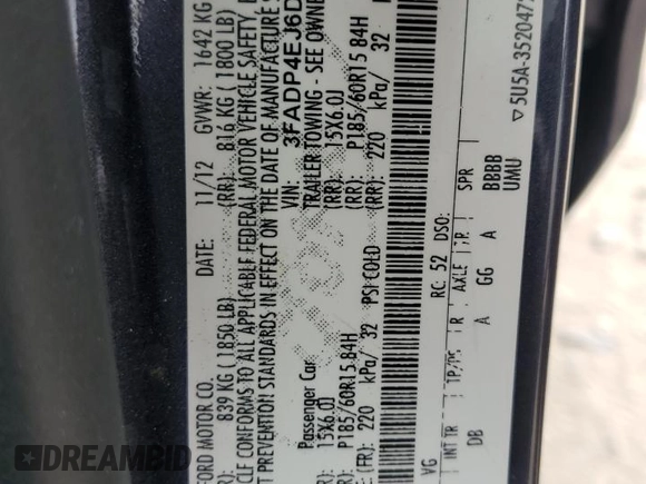 2013 Ford Fiesta SE with VIN 3FADP4EJ6DM165145, listed as a Copart auction lot 50395685 with 71,505 mi miles and Salvage Title. Bid and sale history available at DreamBid. Image 12.