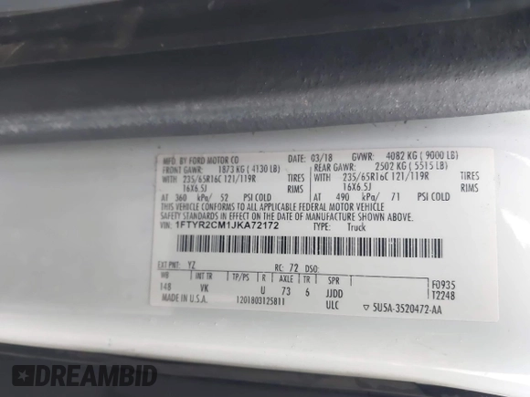 2018 Ford Transit z VIN 1FTYR2CM1JKA72172, wystawiony jako IAAI lot #41864907 z przebiegiem Nie podano mil oraz . Historia ofert i sprzedaży dostępna na DreamBid. Obrazek 9.