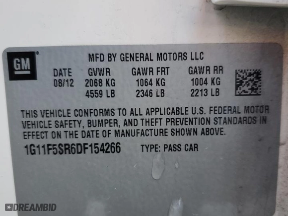 2013 Chevrolet Malibu ECO with VIN 1G11F5SR6DF154266, listed as a Copart auction lot 45195025 with 46,877 mi miles and Non Repairable. Bid and sale history available at carsss.com. Image 12.