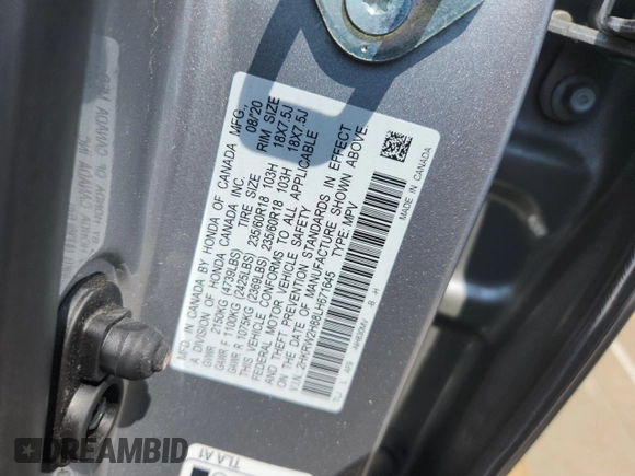 2020 Honda CR-V EX-L with VIN 2HKRW2H88LH671645, listed as a Copart auction lot 61898125 with 38,516 mi miles and Salvage title. Bid and sale history available at DreamBid. Image 12.