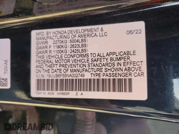2022 Acura TLX w/A-Spec Package with VIN 19UUB6F55NA002749, listed as a Copart auction lot 51296665 with 33,345 mi miles and Salvage Title. Bid and sale history available at carsss.com. Image 14.