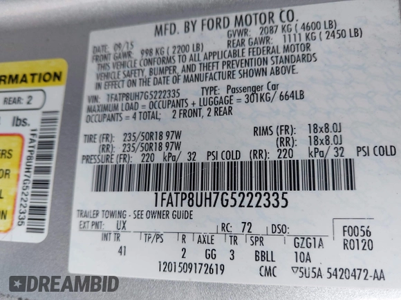 2016 Ford Mustang EcoBoost Premium with VIN 1FATP8UH7G5222335, listed as a IAAI auction lot 42110983 with 116,260 mi miles and . Bid and sale history available at DreamBid. Image 9.